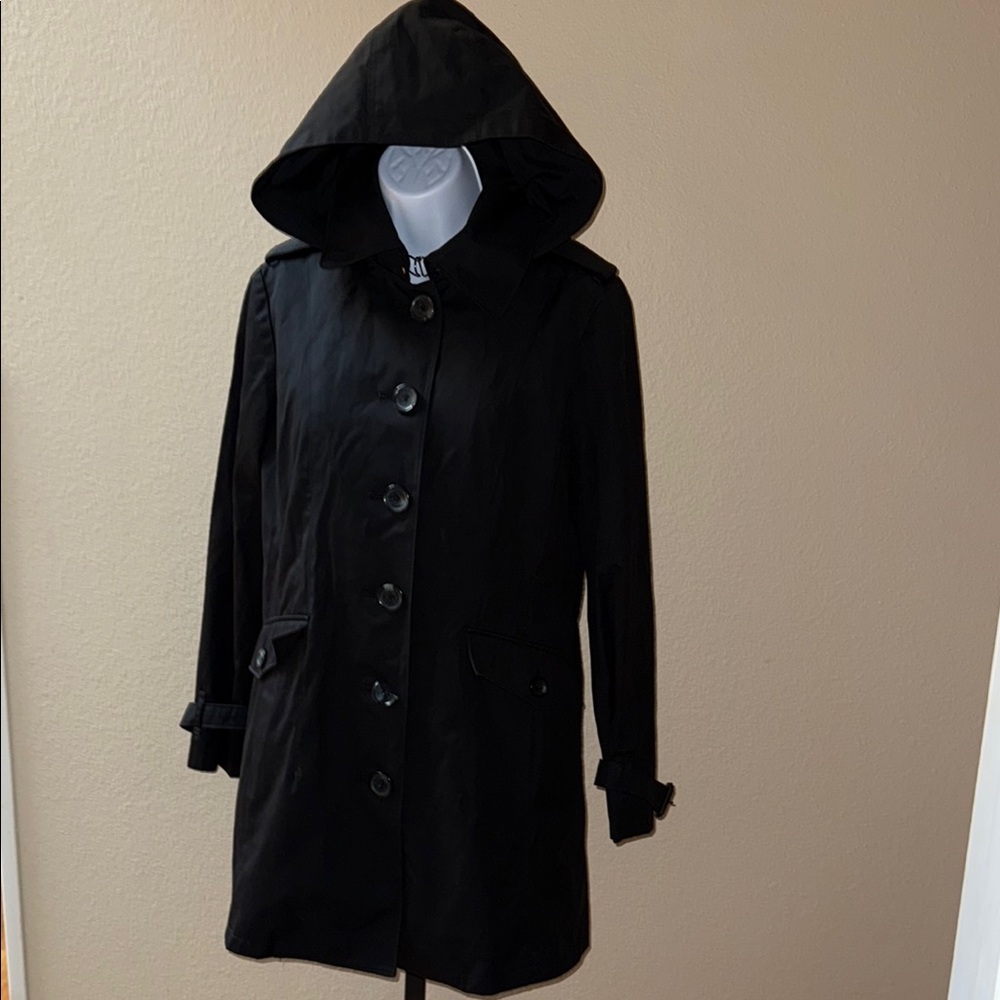 Michael Kors Black Trench Coat Detachable Hood and Lining Flaws Missing Belt PM